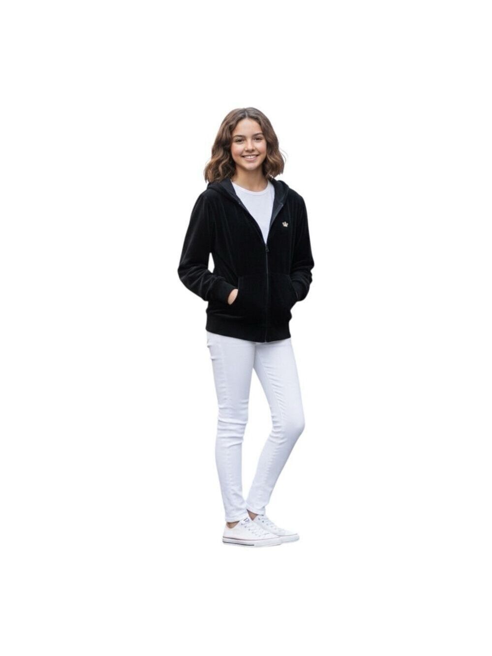 Juicy Couture Black Velour Zip Hoodie Y2K Rhinestone Logo Girls L (14)